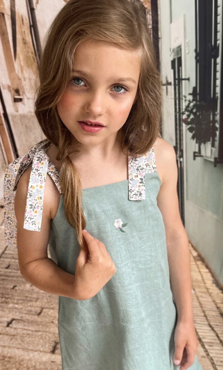 Linen Dress with Embroidery | Green