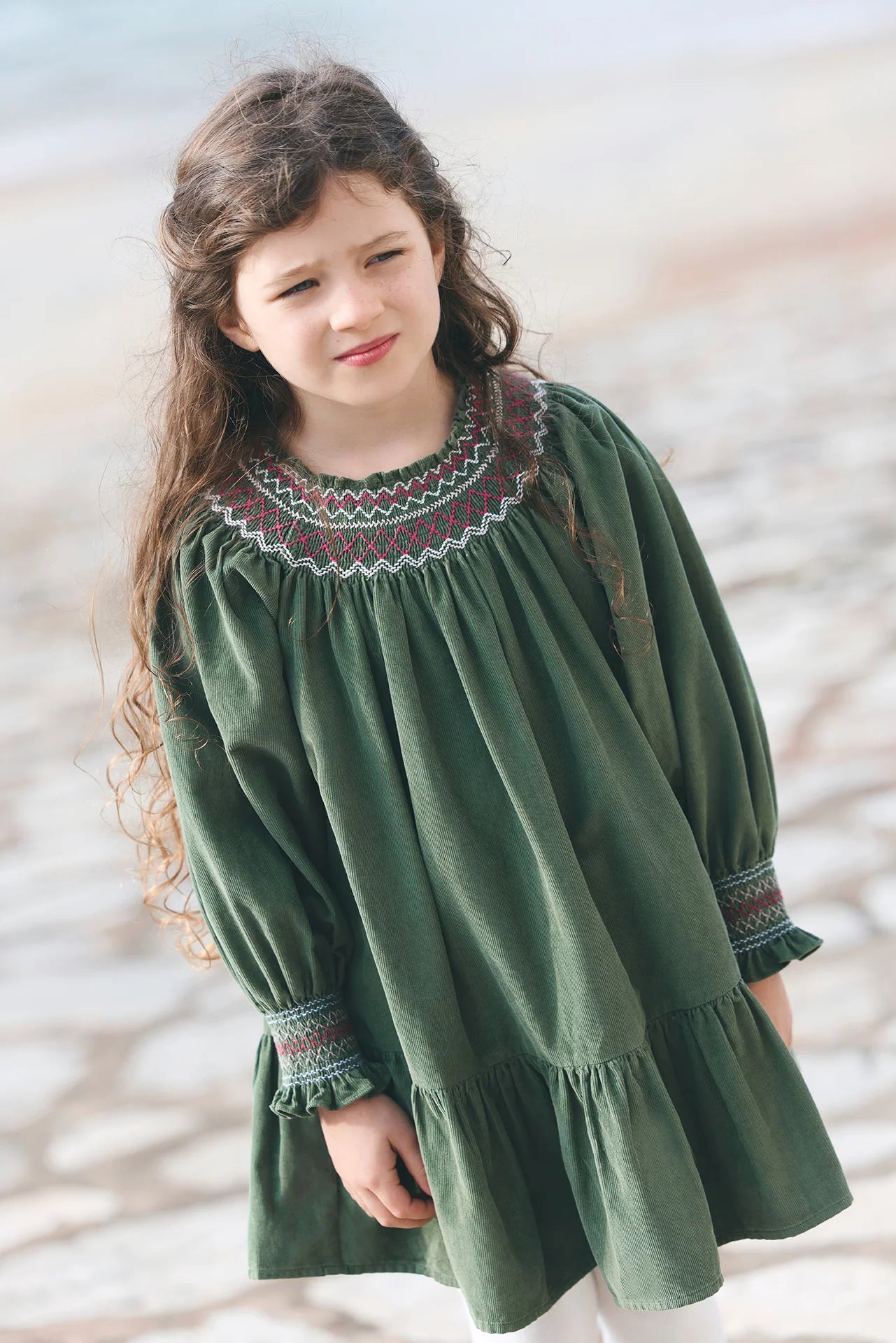 Smocked Collar Dress | Grey Green Velvet