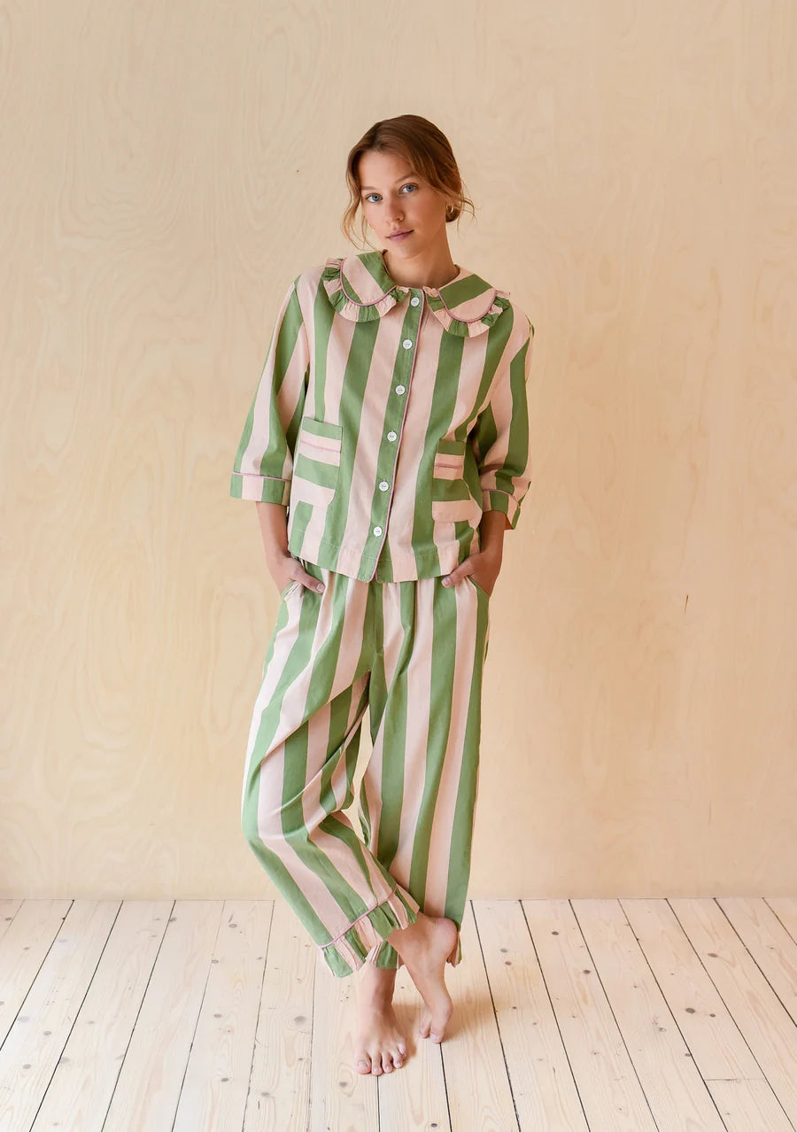 Cropped Cotton Pyjamas | Green Stripe