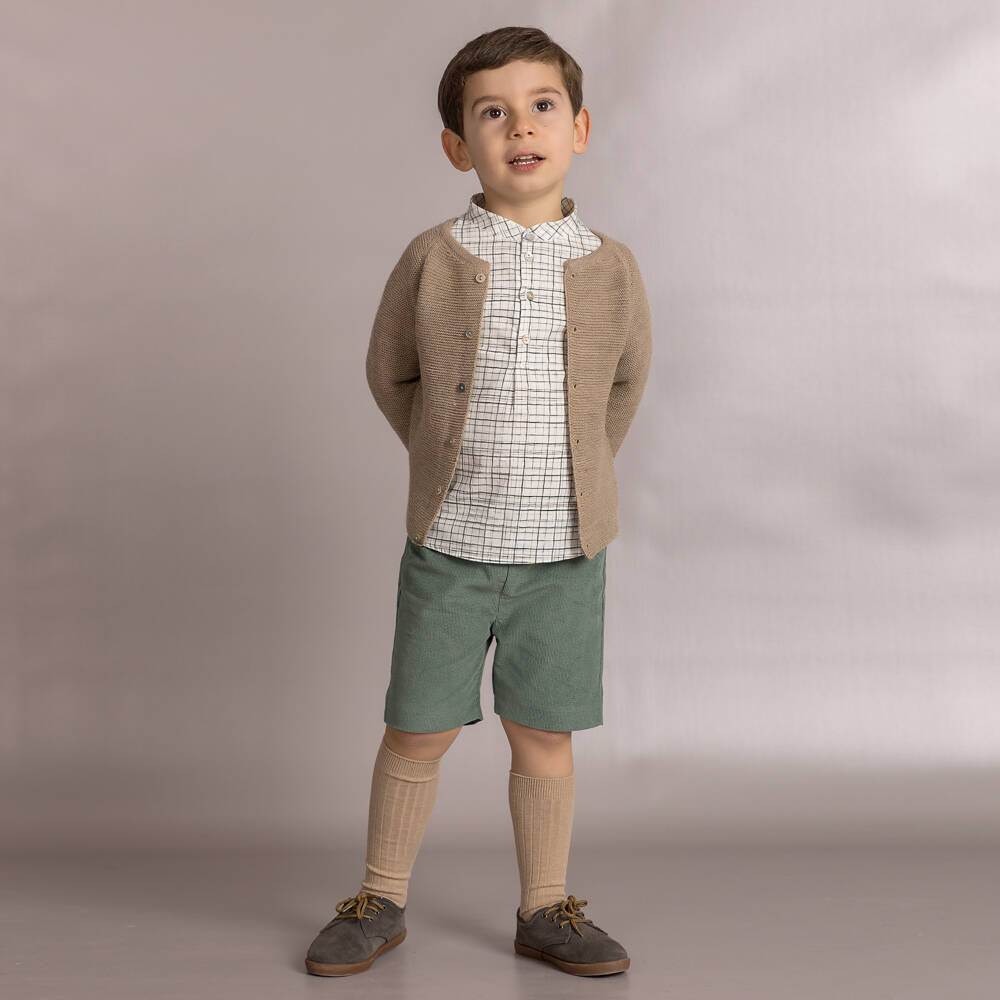 Boys Beige & Green Corduroy Shorts Set