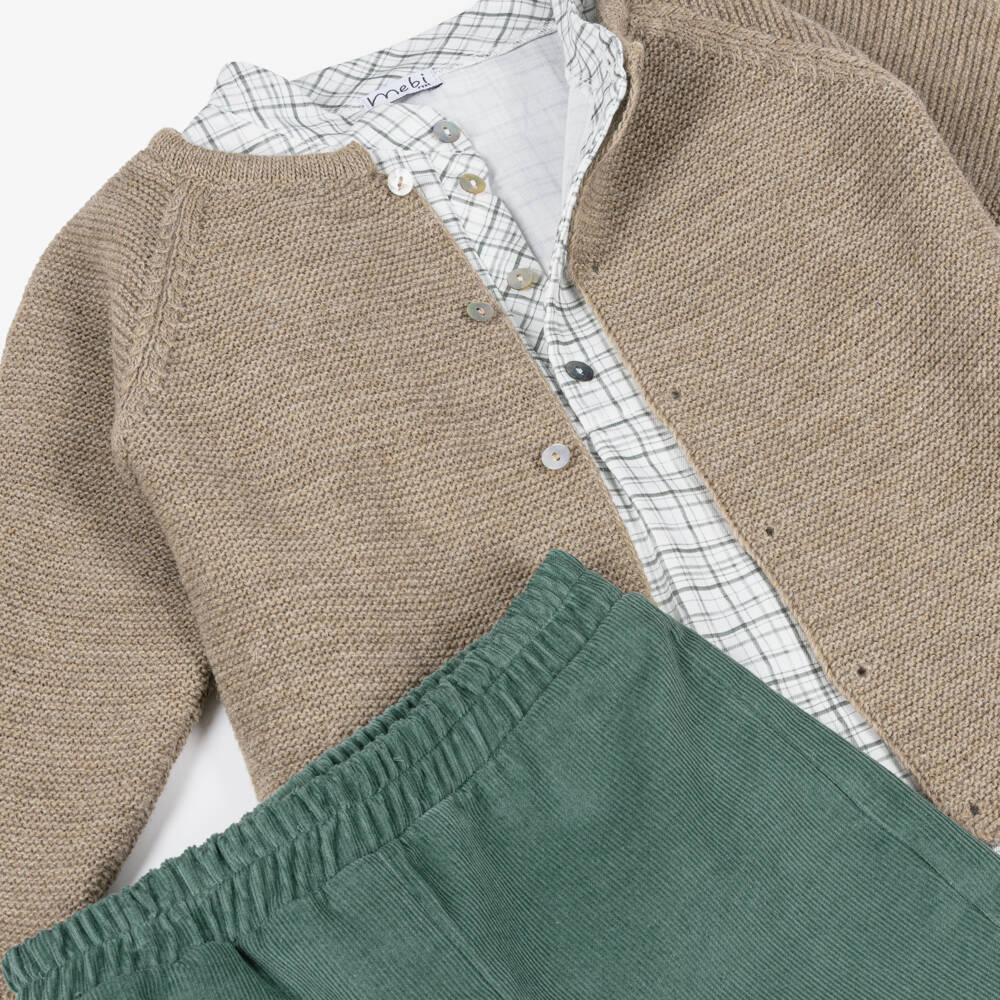 Boys Beige & Green Corduroy Shorts Set