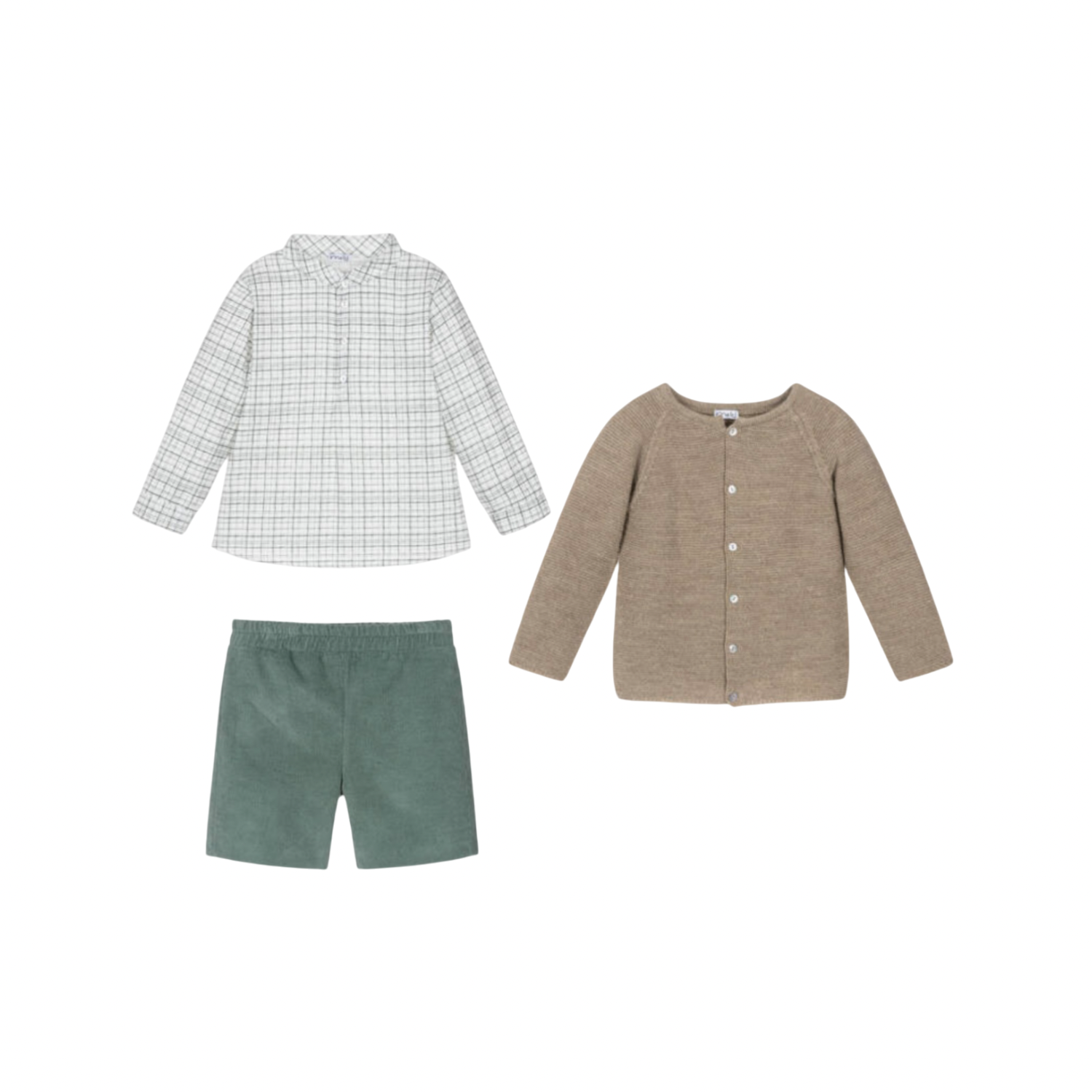 Boys Beige & Green Corduroy Shorts Set