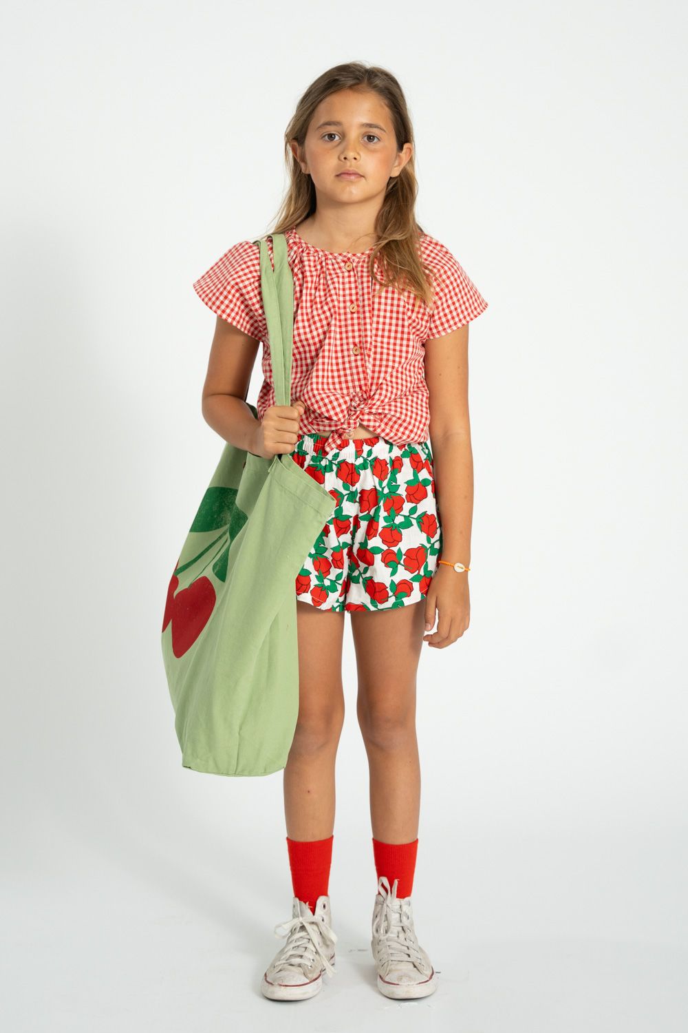 Checkered Butterfly Sleeves Blouse | Red/Ecru