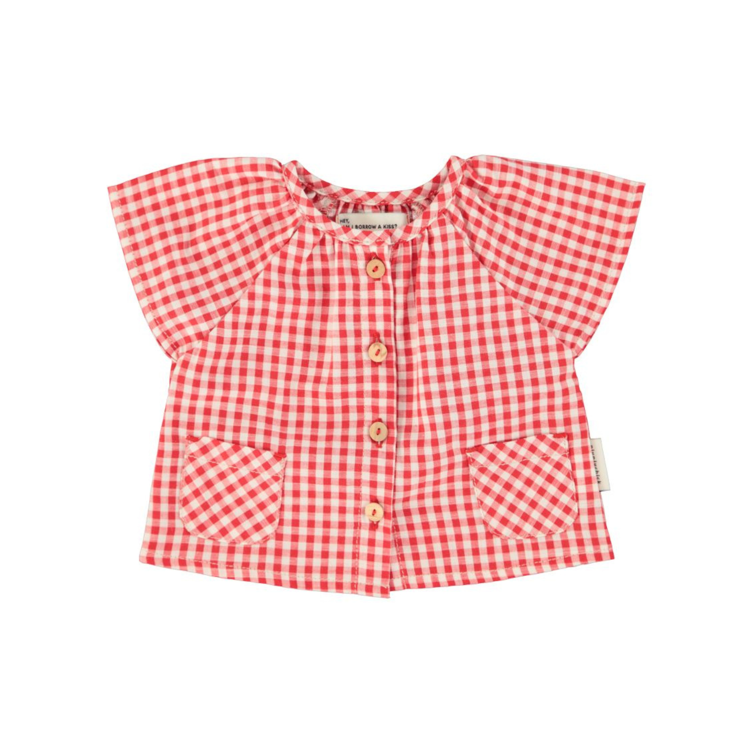 Checkered Butterfly Sleeves Blouse | Red/Ecru