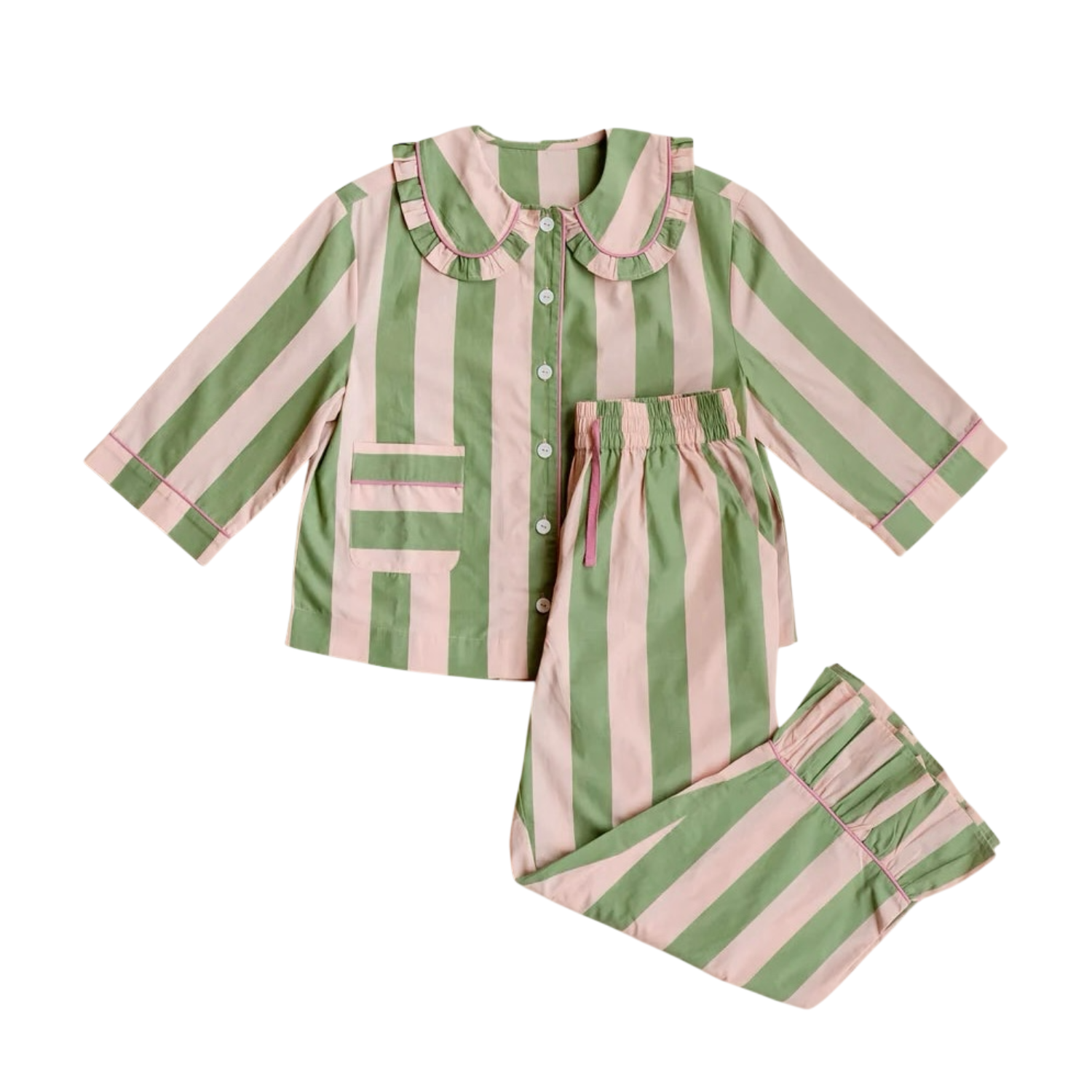Cropped Cotton Pyjamas | Green Stripe