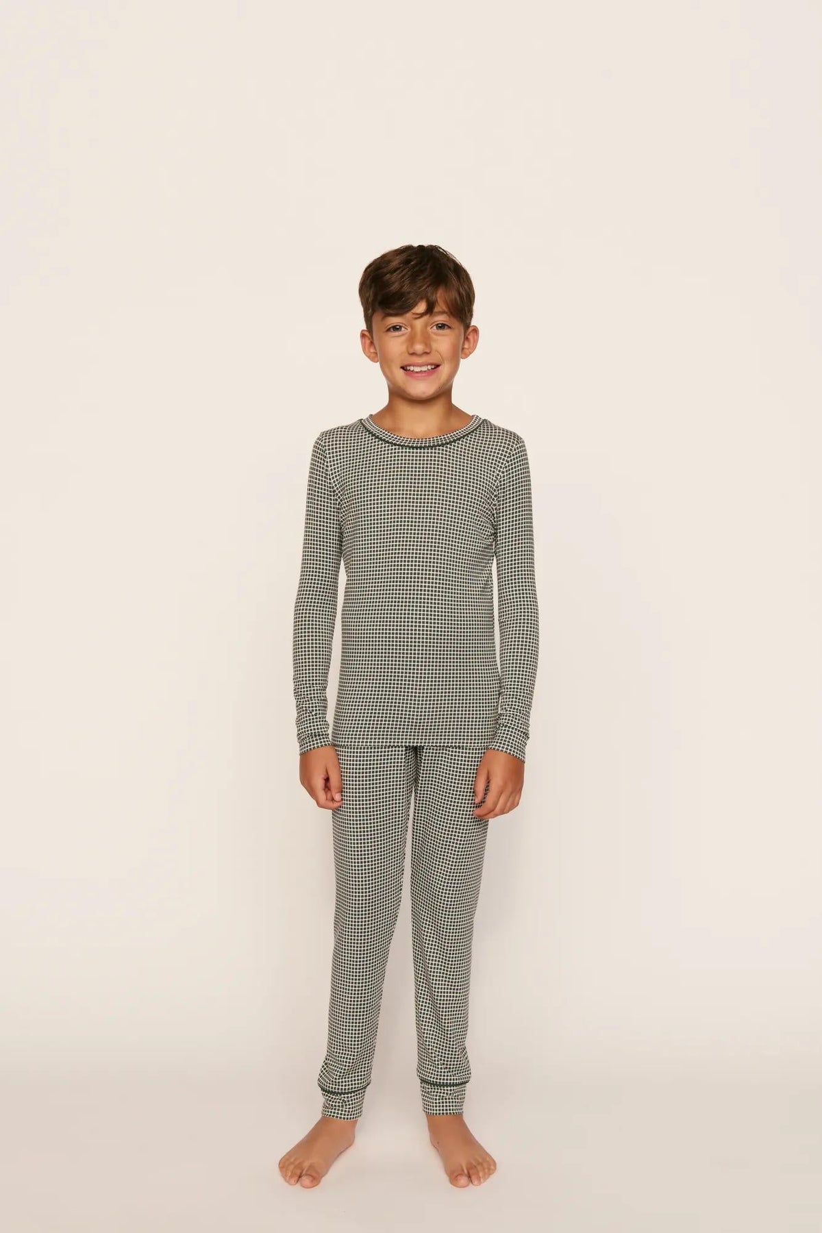 Kids Printed Long Pj Set | Cabin Check Ivory Pine