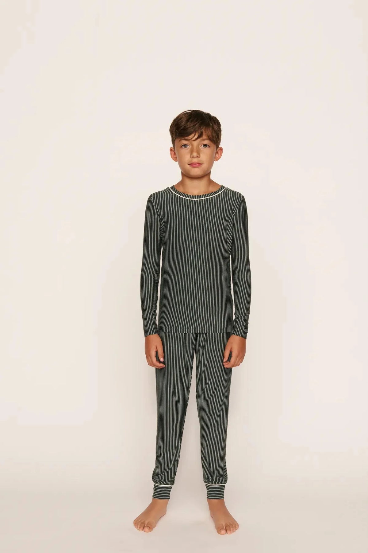 Kids Printed Long Pj Set | Duo Stripe Pine Ivory