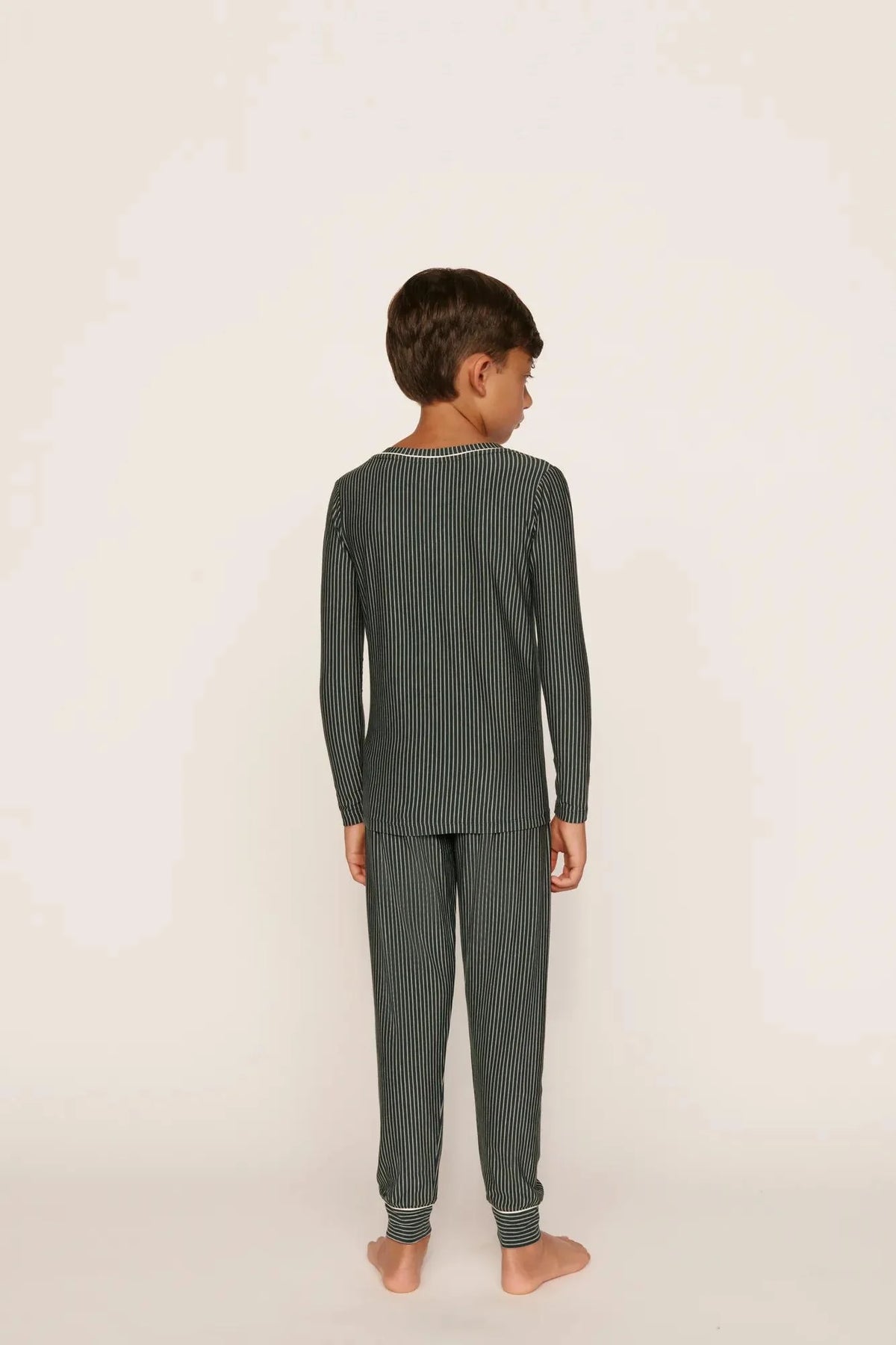 Kids Printed Long Pj Set | Duo Stripe Pine Ivory
