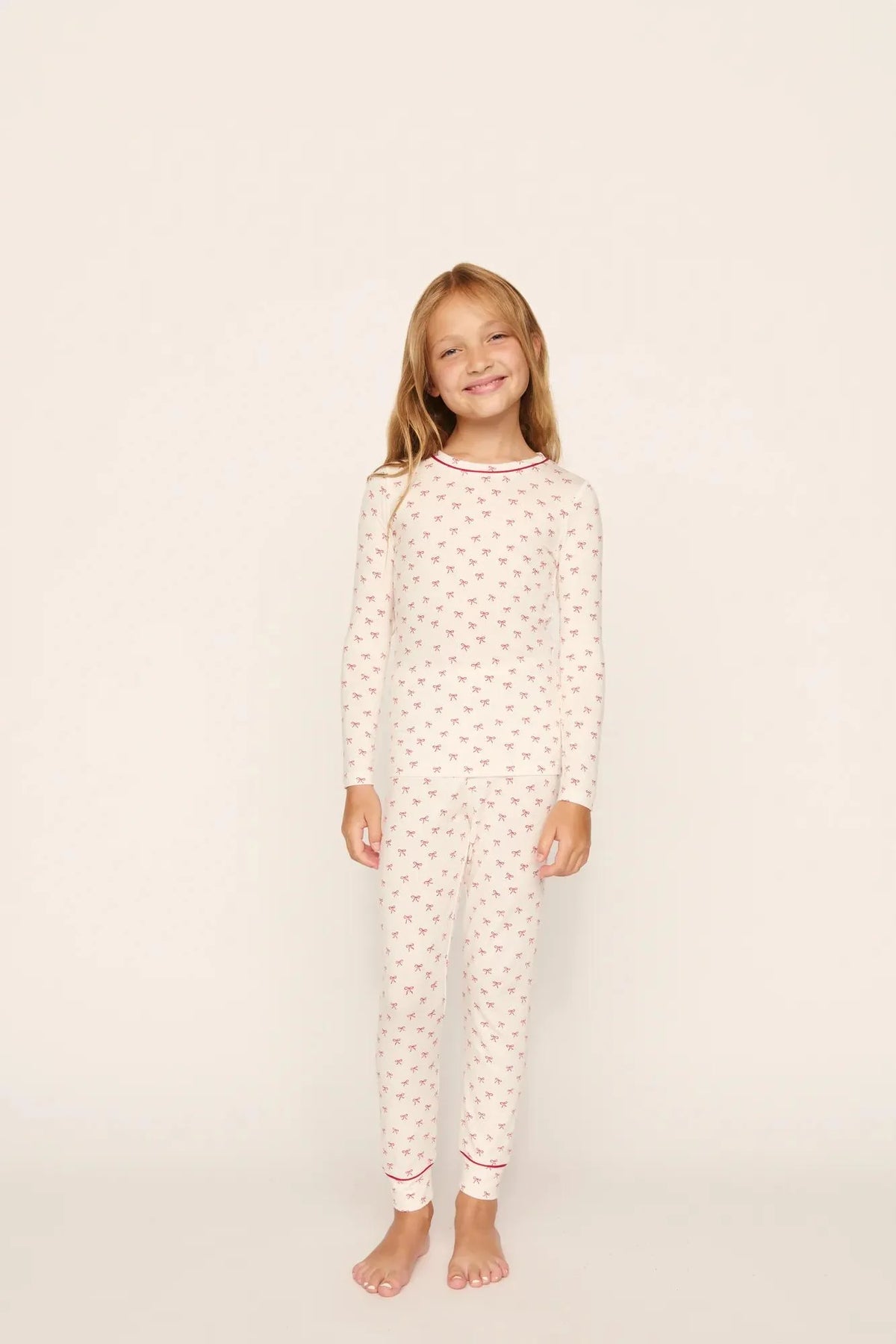 Kids Printed Long Pj Set | Mini Bow Ivory Holly Red