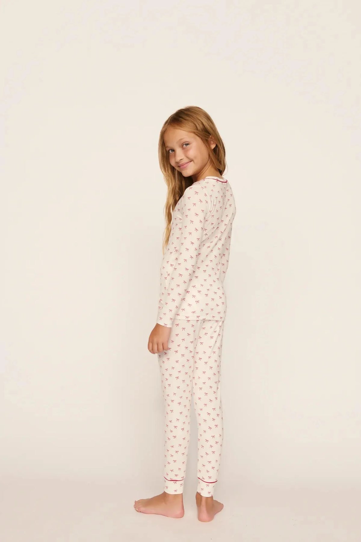 Kids Printed Long Pj Set | Mini Bow Ivory Holly Red