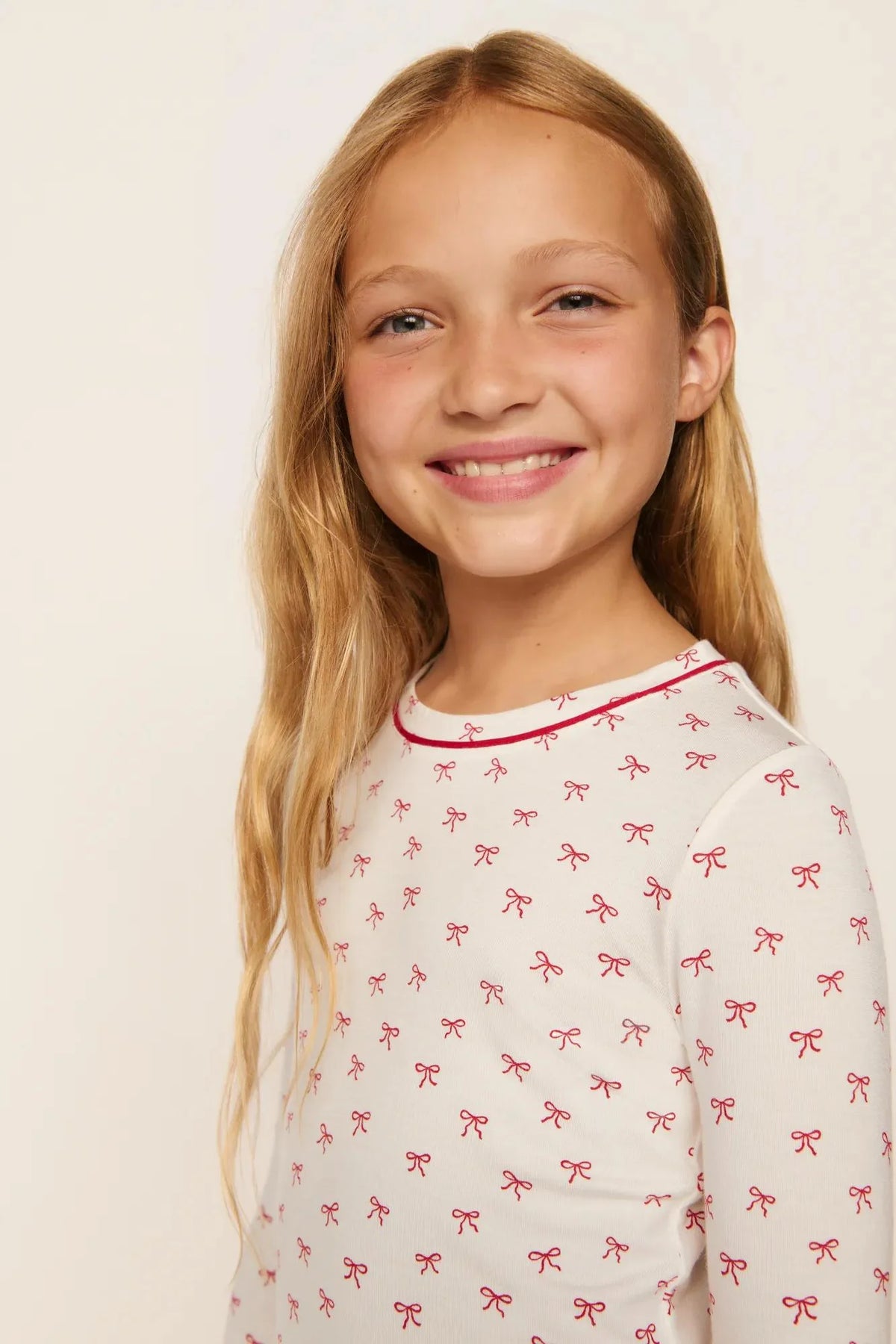 Kids Printed Long Pj Set | Mini Bow Ivory Holly Red