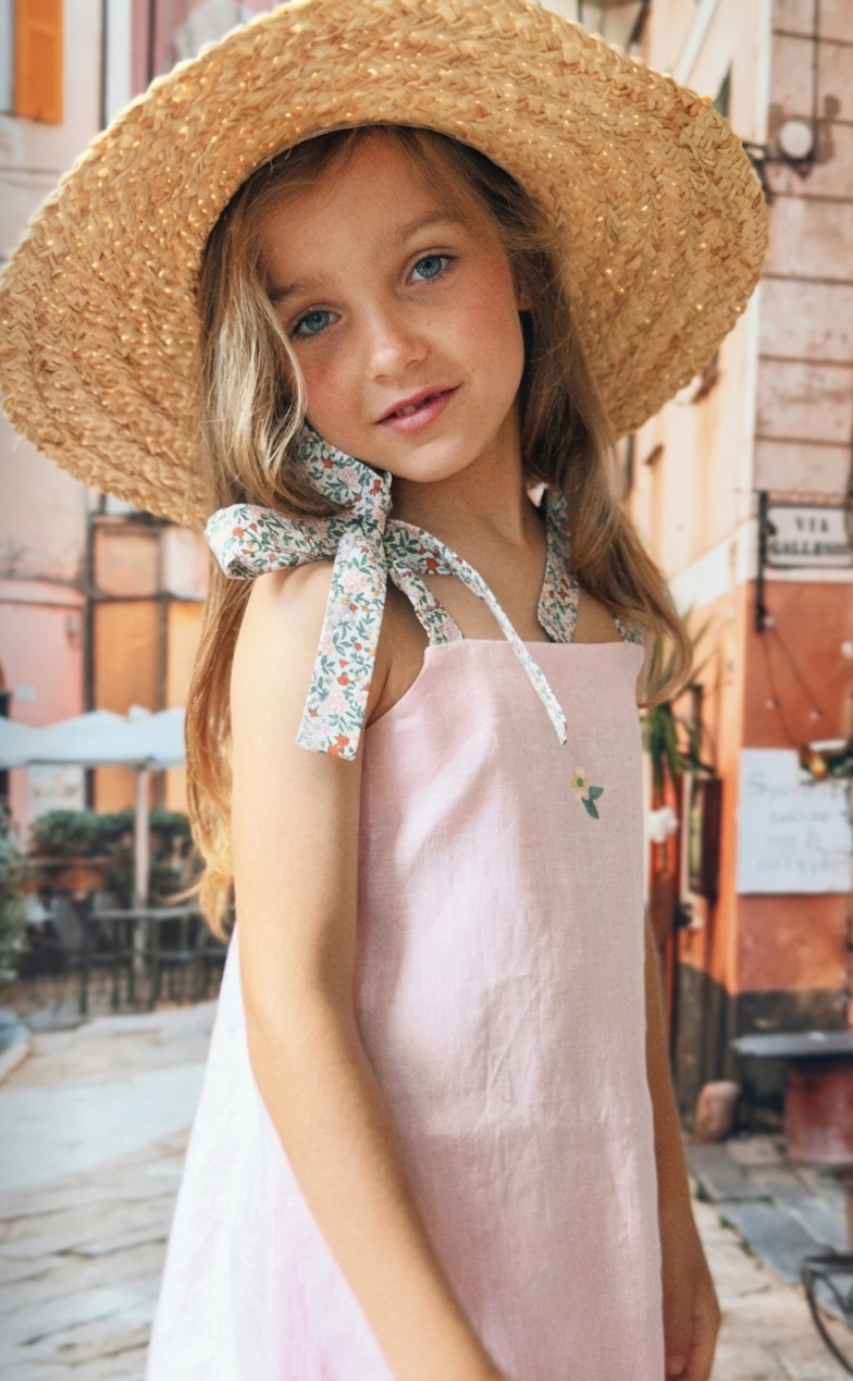Linen Dress with Embroidery | Pink