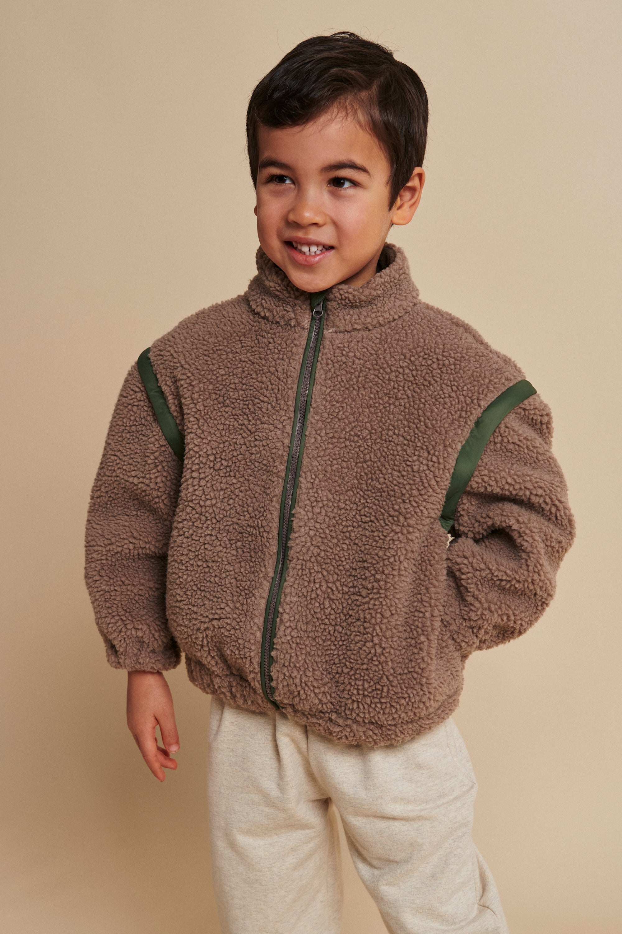 Teddy Removable Sleeves Jacket | Natural/Green