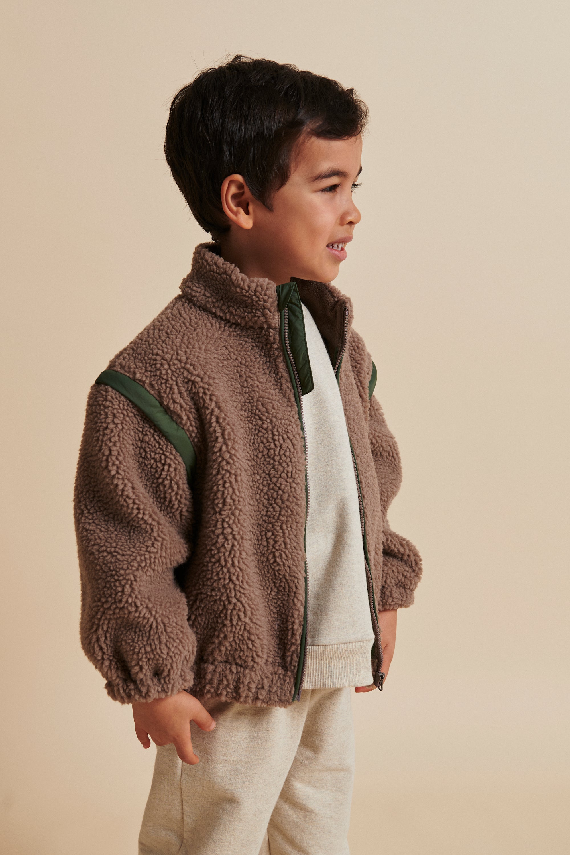 Teddy Removable Sleeves Jacket | Natural/Green