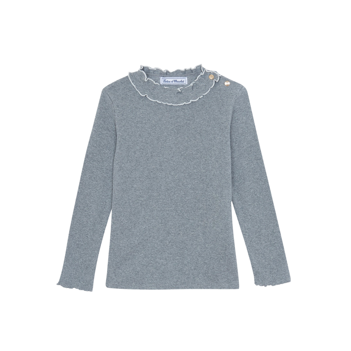 Ruffled Collar Cotton T-shirt | Marl Grey