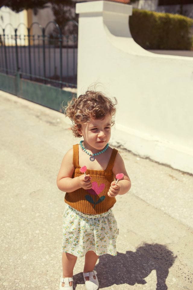 Knitted Flower Print Top | Camel