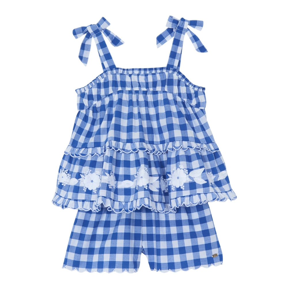 Gingham Shorts Set with Floral Embroidery | Blue Electric