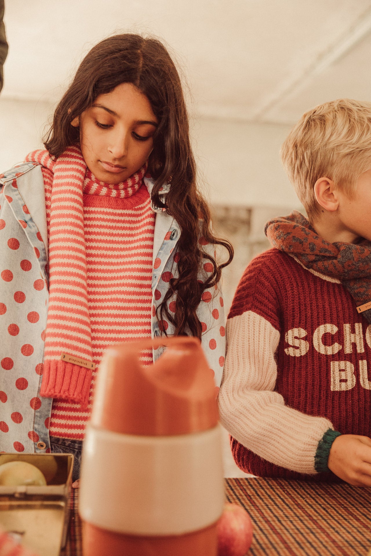 Knitted Scarf | Ecru & Red Stripes