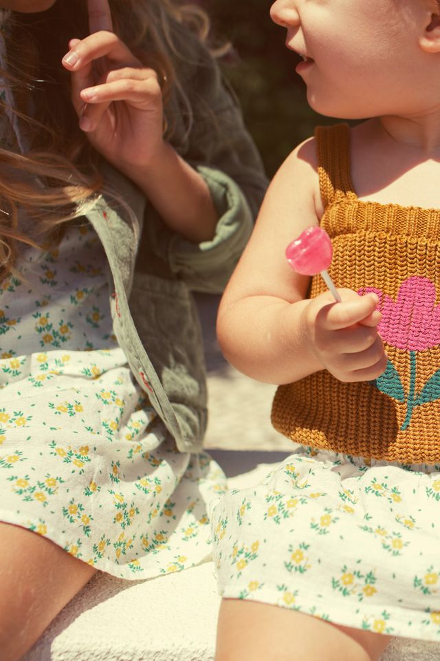 Knitted Flower Print Top | Camel